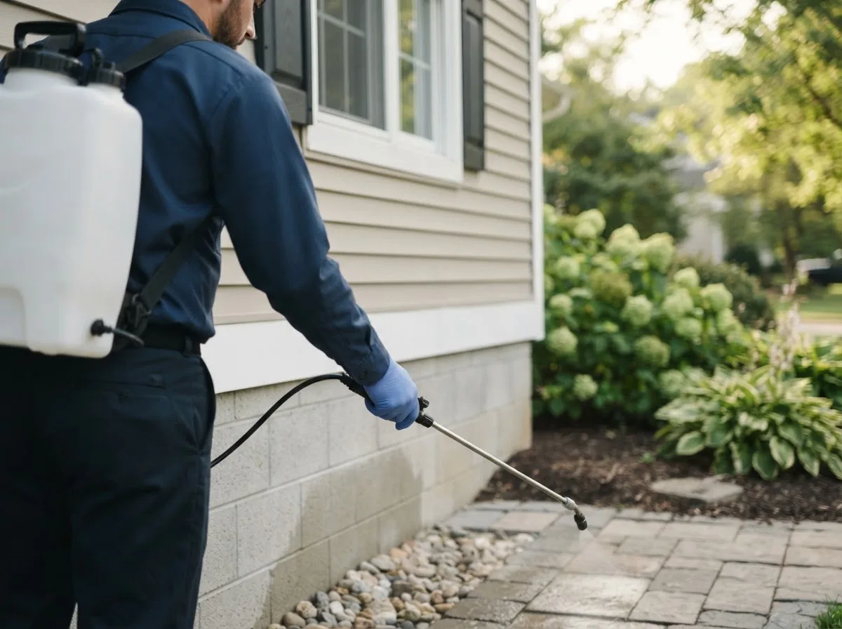 Pest control technician inspecting a home in Waterville, PA